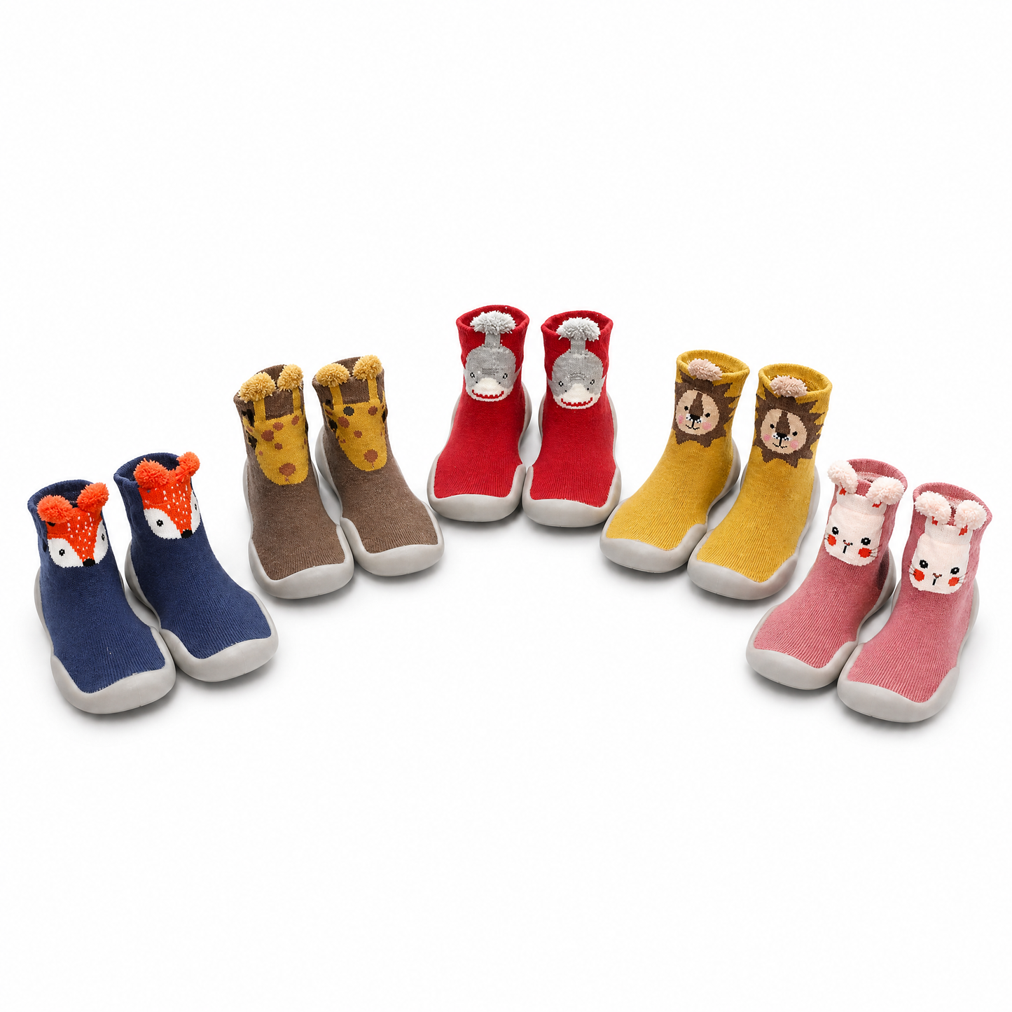 Collection complète chaussures-chaussettes bébé Animaux - renard, girafe, requin, lion, lapin