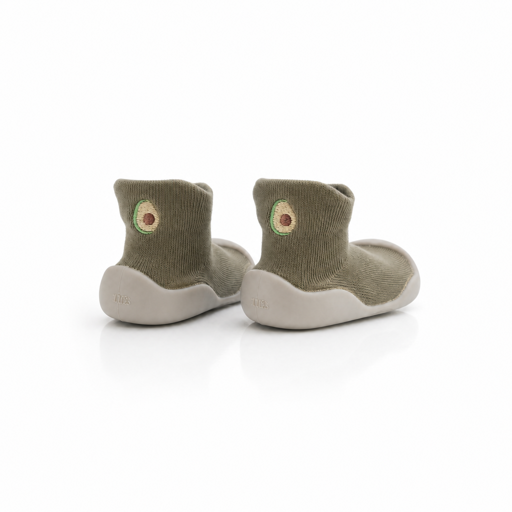 Chaussures-chaussettes bébé avocat kaki - semelle antidérapante premiers pas