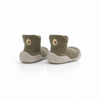 Chaussures-chaussettes bébé avocat kaki - semelle antidérapante premiers pas