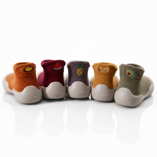Chaussures-chaussettes bébé Collection Fruity - citron, pastèque, avocat, ananas, banane - antidérapantes premiers pas