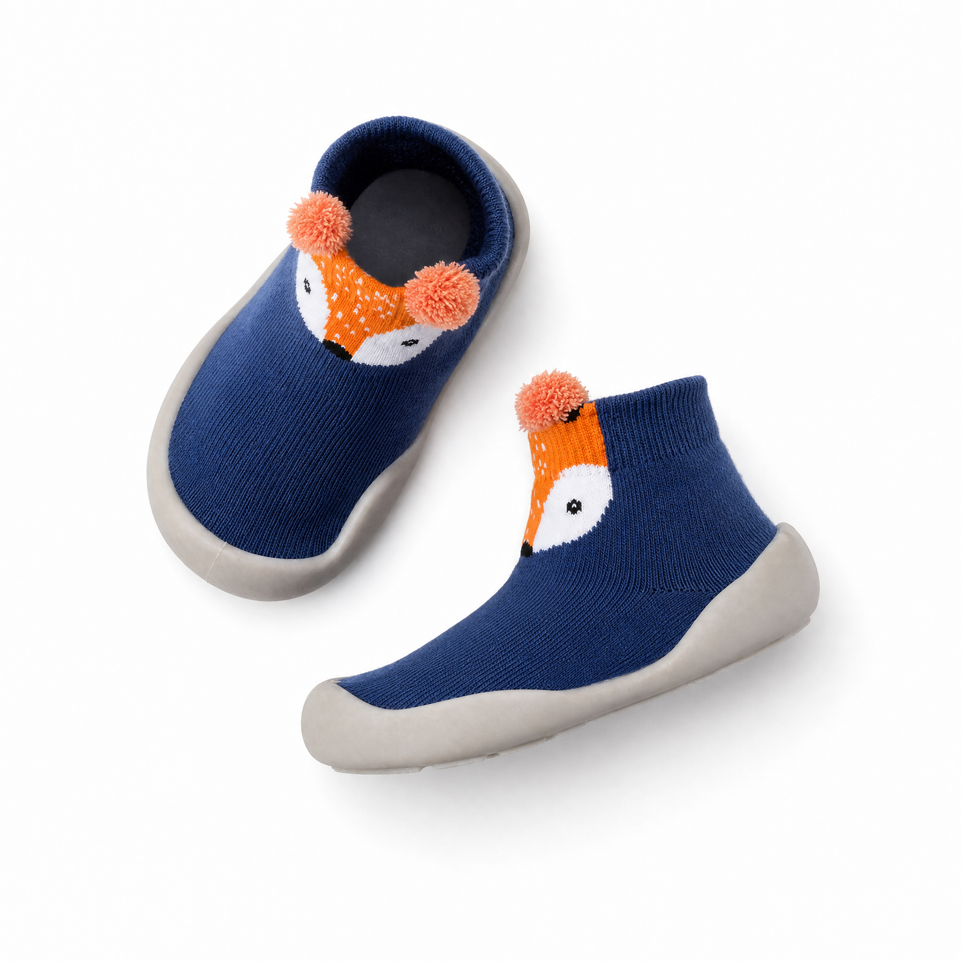 Chaussures-chaussettes bébé renard bleu marine vue de côté - semelle antidérapante