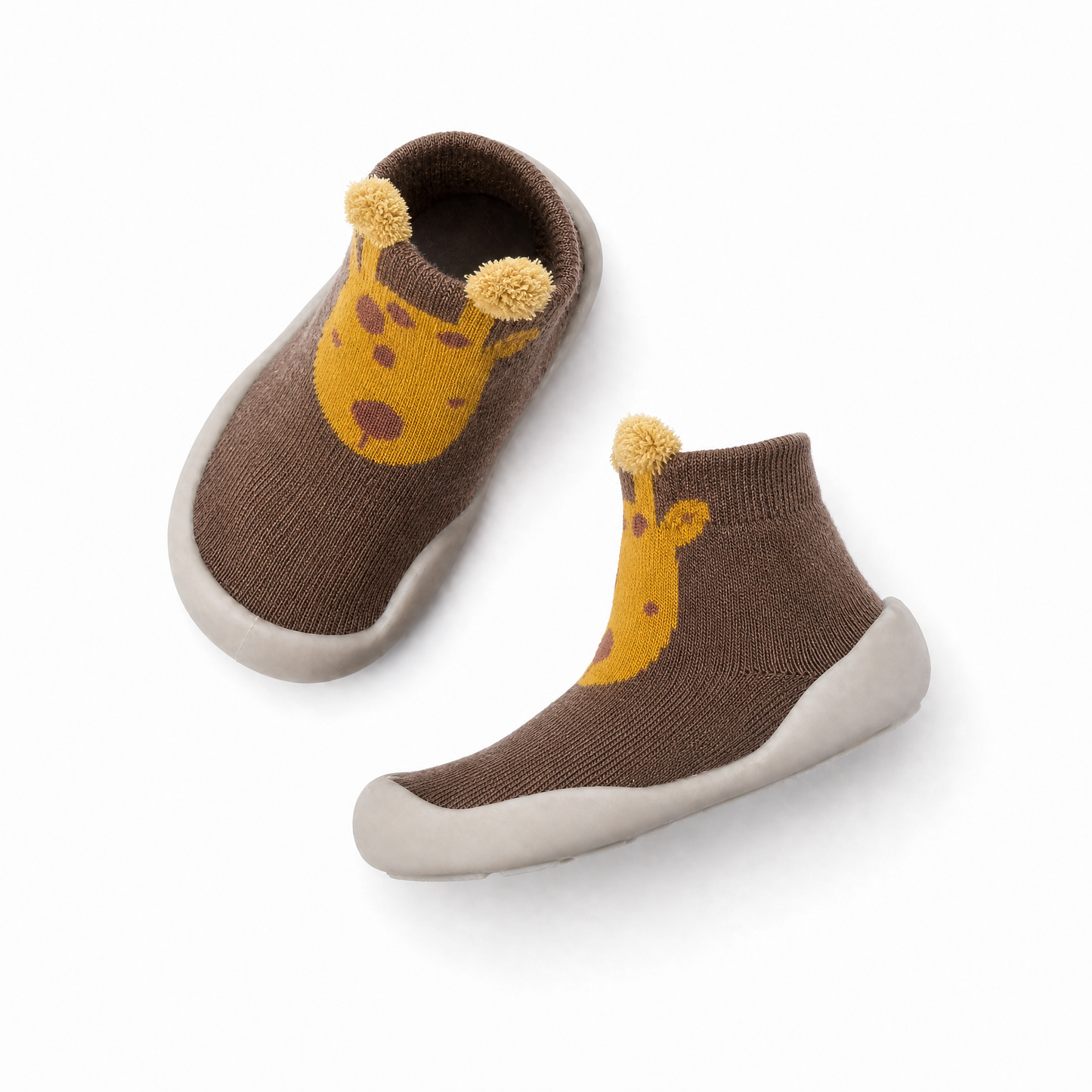 Chaussures-chaussettes bébé girafe marron vue de côté - semelle antidérapante