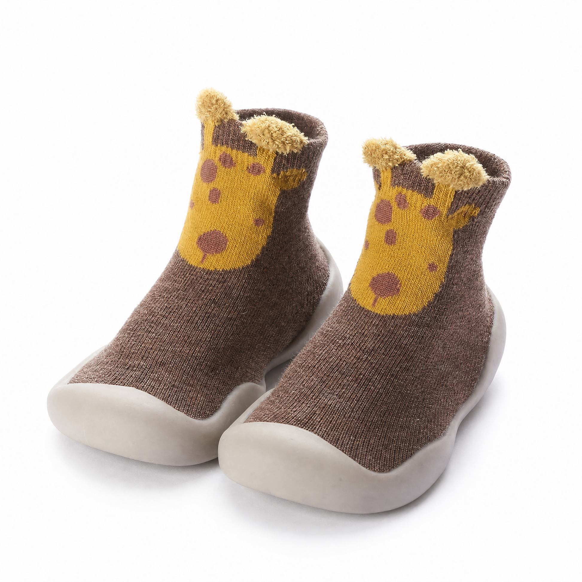 Chaussures-chaussettes bébé girafe marron - semelle antidérapante premiers pas