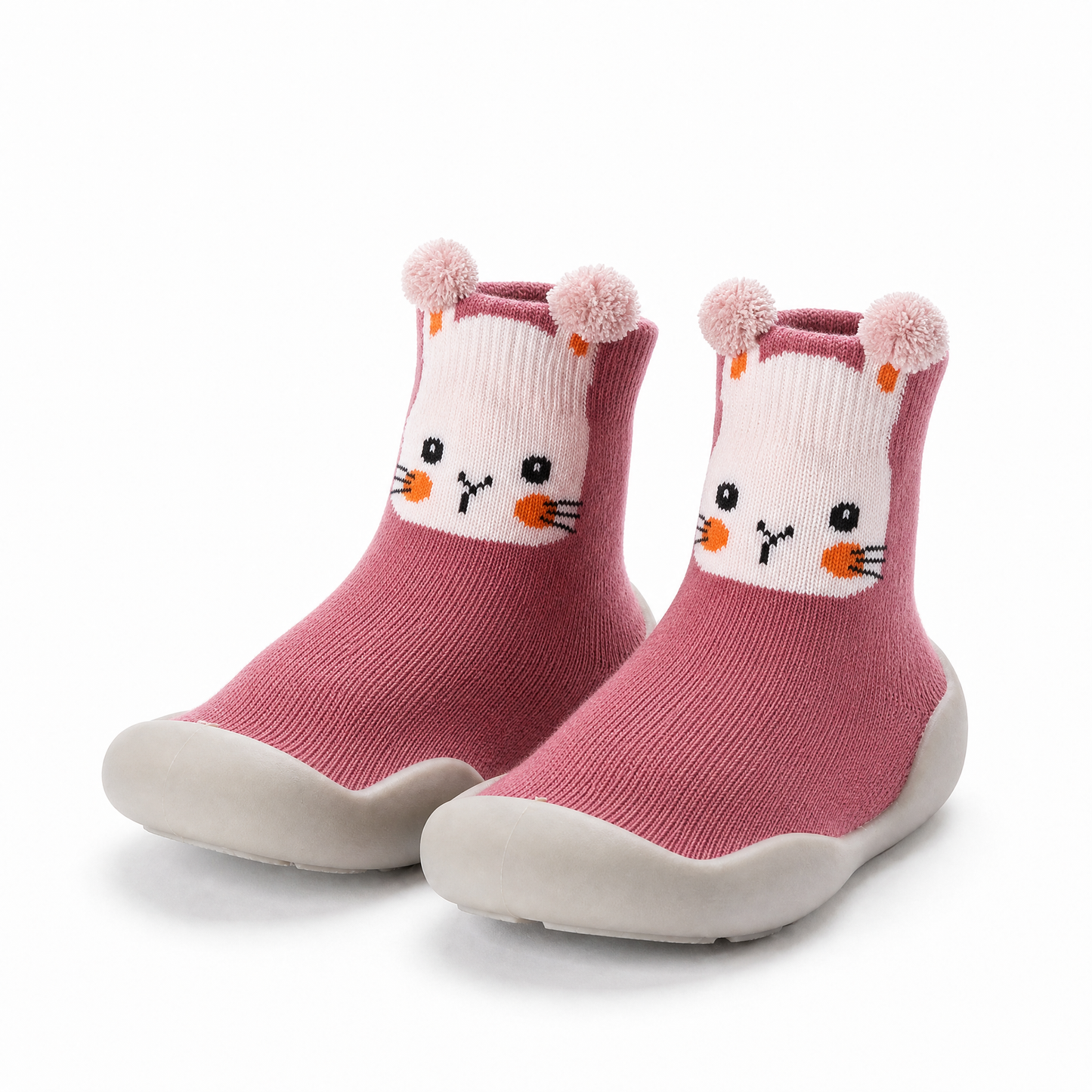 Chaussures-chaussettes bébé lapin rose - semelle antidérapante premiers pas