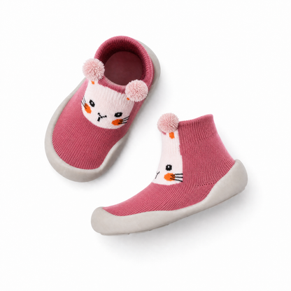 Chaussures-chaussettes bébé lapin rose vue de côté - semelle antidérapante