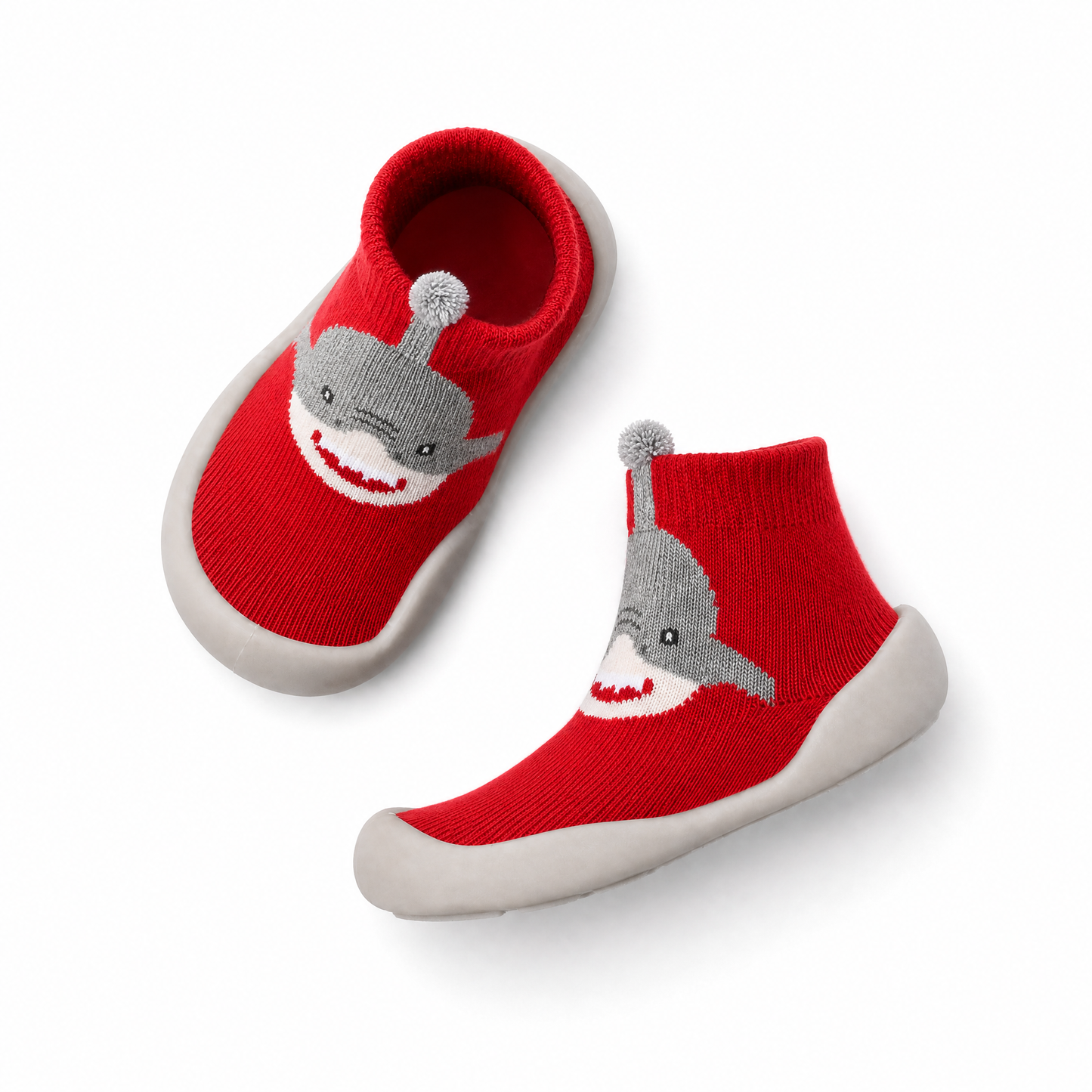 Chaussures-chaussettes bébé requin rouge vue de côté - semelle antidérapante