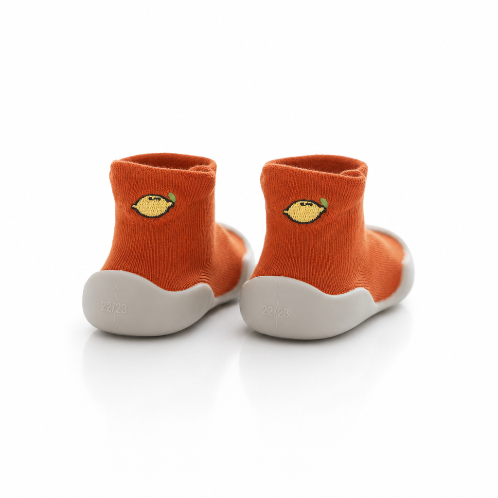 Chaussures-chaussettes bébé citron orange - semelle antidérapante premiers pas